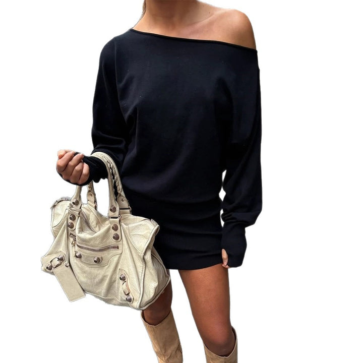 Women Oversized Off-Shoulder Fine Knit Set with Long Sleeve Sweater and Fitted Mini Skirt Mune Fashion