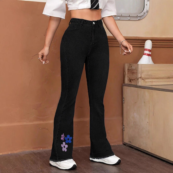 Women's High-Waist Denim Jeans with Slightly Flared Leg and Floral Print Mune Fashion