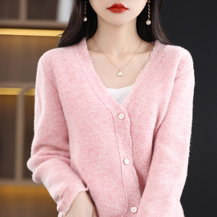 Women Short Cut V-Neck Cardigan with Fine Velvet and Pearly Buttons Mune Fashion
