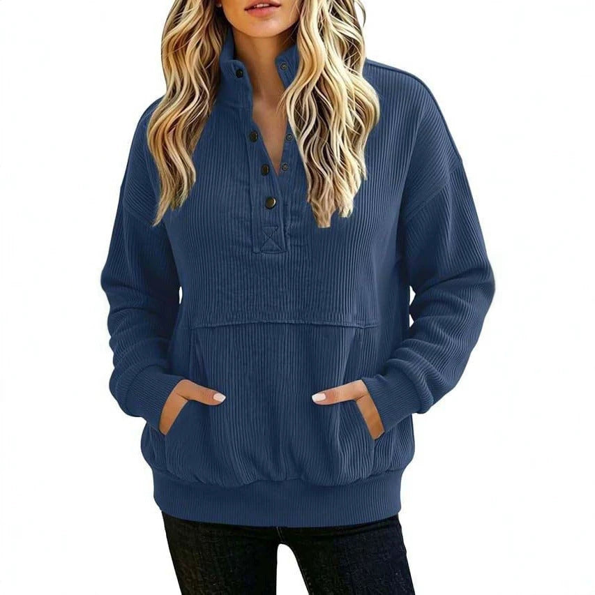 Women's ribbed Henley pullover with stand collar and kangaroo pocket Mune Fashion