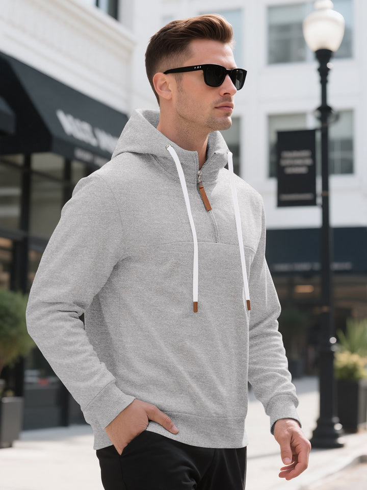 Men's Half-Zip Hooded Sweatshirt with Stand-Up Collar, Drawstring and Leather Details Mune Fashion