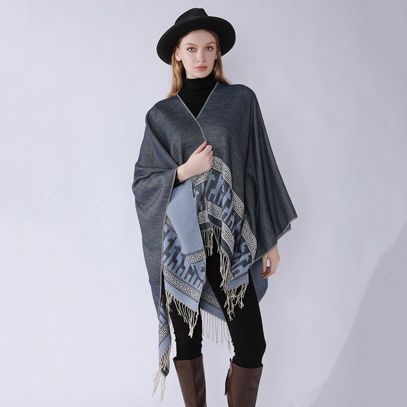 Ladies cape poncho made of fine wool blend with ornamental border edge and pointed hem Mune Fashion