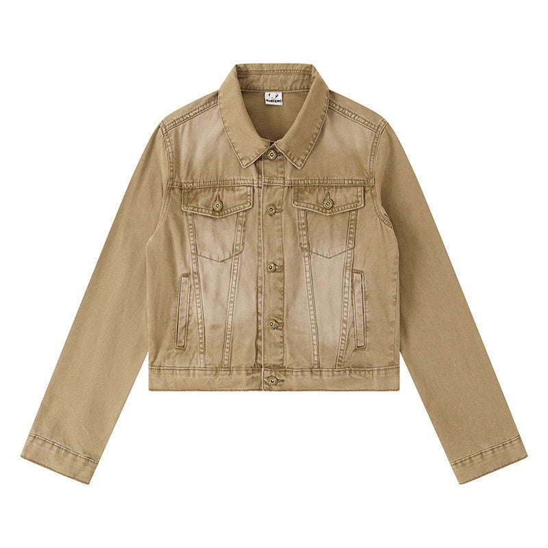 Women's Short Denim Jacket in Vintage Style with Button Placket, Chest Pockets and Fitted Cut Mune Fashion