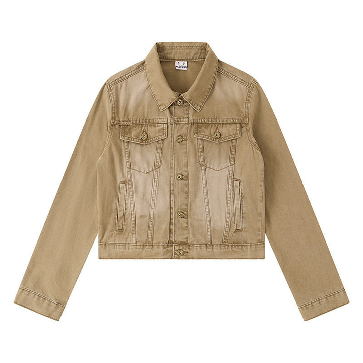 Women's Short Denim Jacket in Vintage Style with Button Placket, Chest Pockets and Fitted Cut Mune Fashion