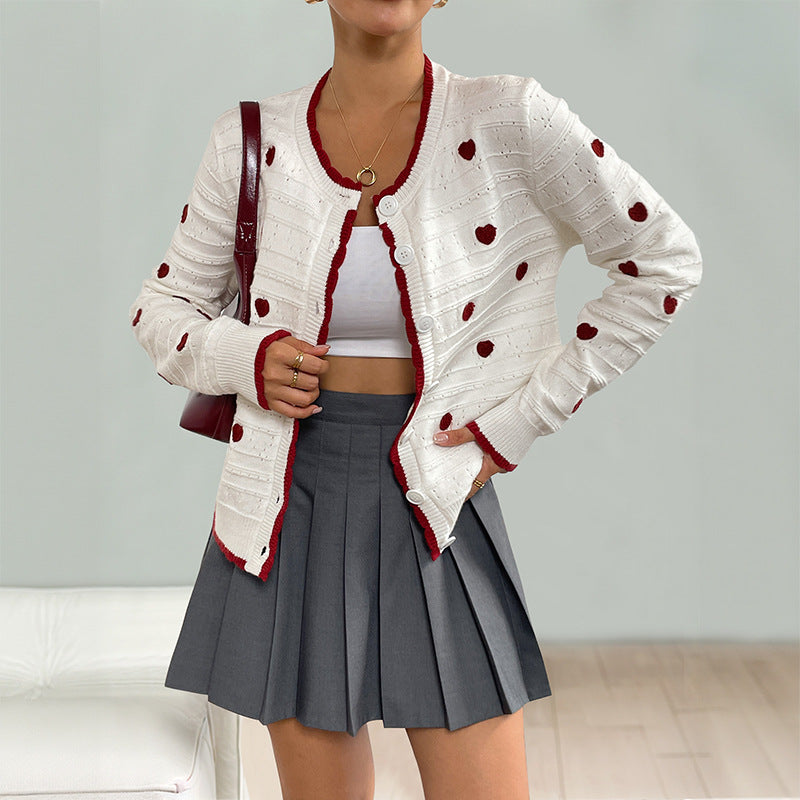 Women Playful Knitted Cardigan with Heart Pattern Mune Fashion