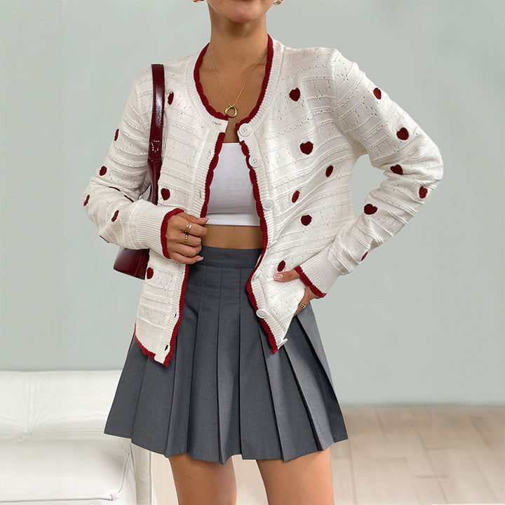 Women Playful Knitted Cardigan with Heart Pattern Mune Fashion