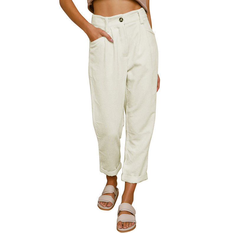 Women's Casual Corduroy Pants with High Waist, Loose Tapered Fit, and Cuffed Hem Mune Fashion