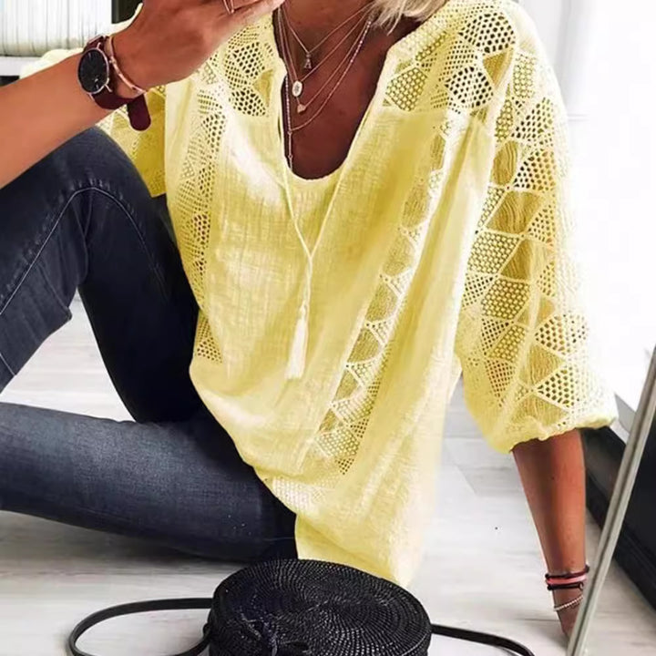 Women's airy crochet blouse with V-neck and balloon sleeves Mune Fashion