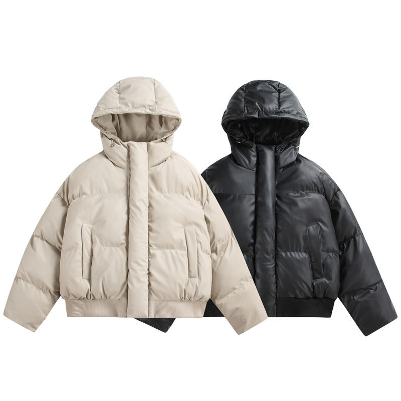 Women's Cropped Insulating Puffer Jacket in Boxy Cut with Voluminous Hood, Stand Collar and Ribbed Cuff Mune Fashion