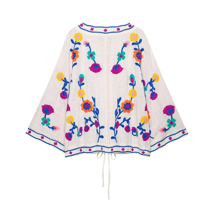 Women Embroidered Kimono Jacket with Drawstring and Floral Embroidery Drune