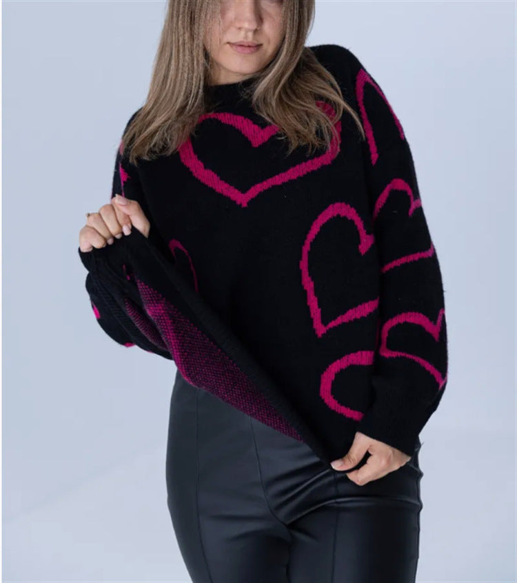 Women's Cozy Jacquard Sweater with Heart Motif and Loose Oversized Fit Mune Fashion