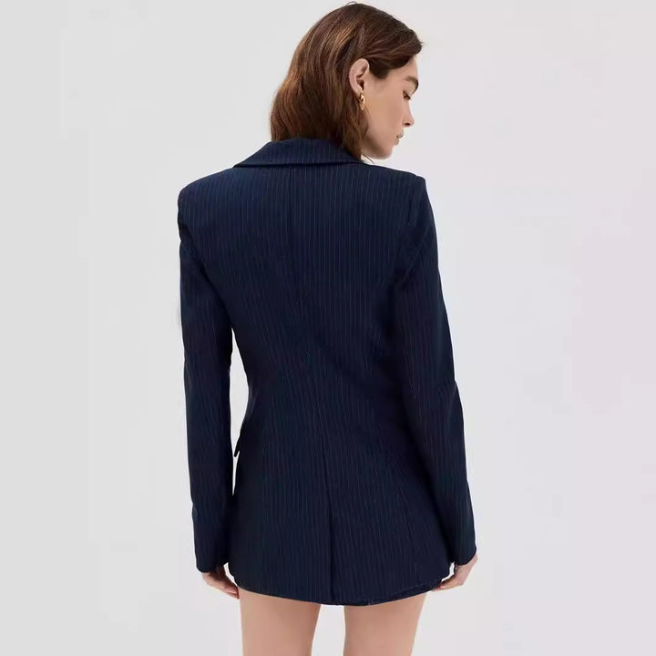 Women's mini blazer dress in pinstripe tailoring with deep shawl collar Mune Fashion