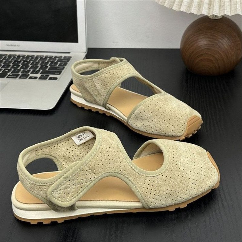 Ladies Perforated Suede Sandals with Closed Toe Cap, Velcro Fastener and Ergonomic Profile Sole Mune Fashion
