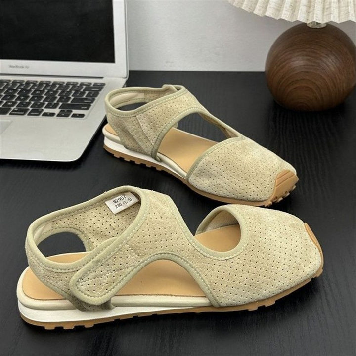 Ladies Perforated Suede Sandals with Closed Toe Cap, Velcro Fastener and Ergonomic Profile Sole Mune Fashion