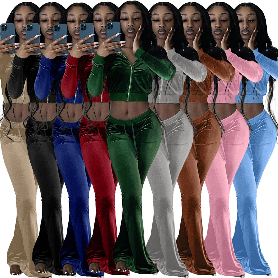 Women's Two-Piece Velvet Lounge Set with Cropped Zipper Hoodie and Flared Palazzo Pants EB