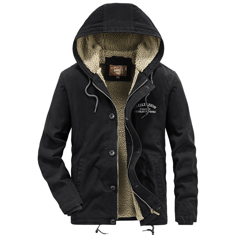 Men's canvas hooded jacket with full teddy lining, two-way zipper and drawstring hem Mune Fashion