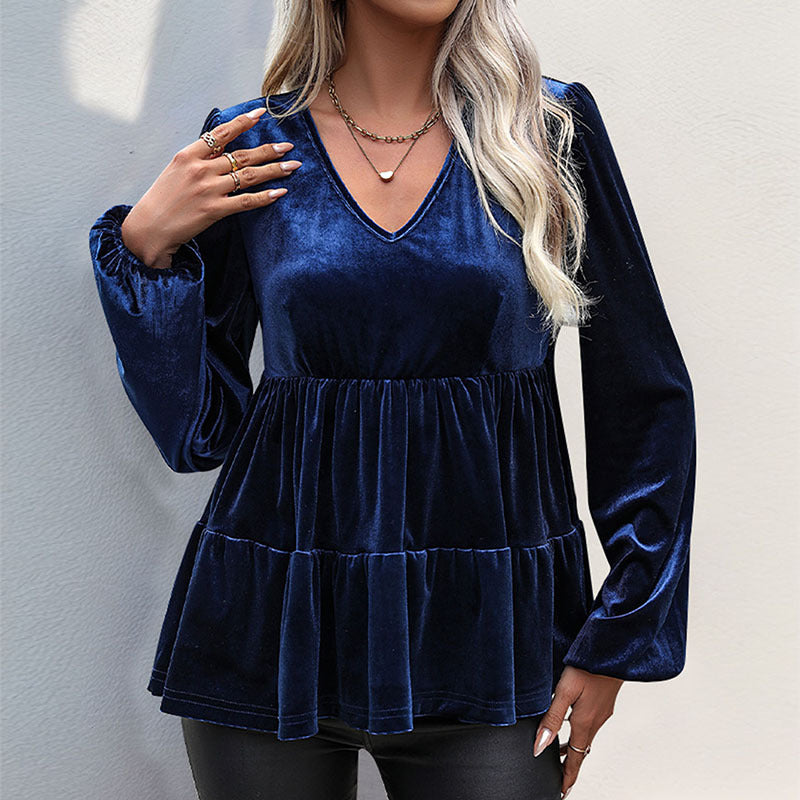 Women's velvet tunic with V-neck, tiered skirt look and balloon sleeves Mune Fashion