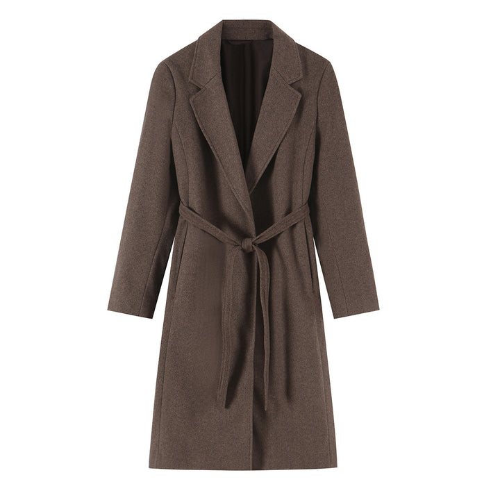 Women's Tailored Wool Blend Coat with Notch Collar and Tied Belt Mune Fashion