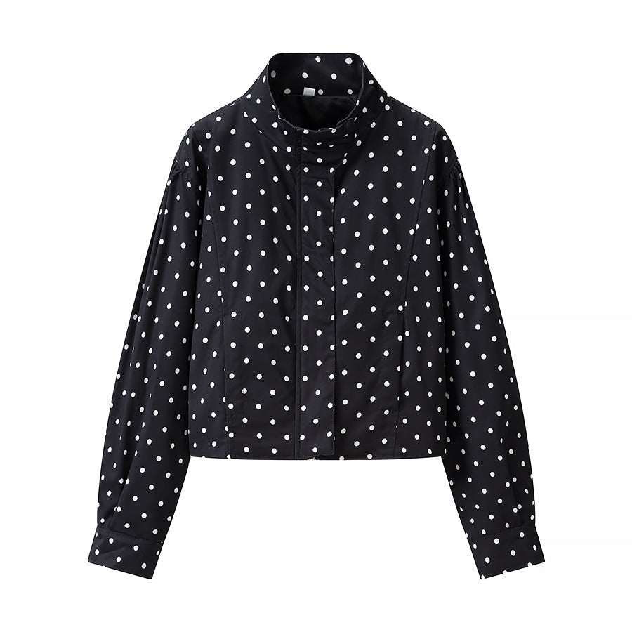 Women Polka Dot Short Jacket with Stand Collar and Concealed Snap Button Placket Mune Fashion