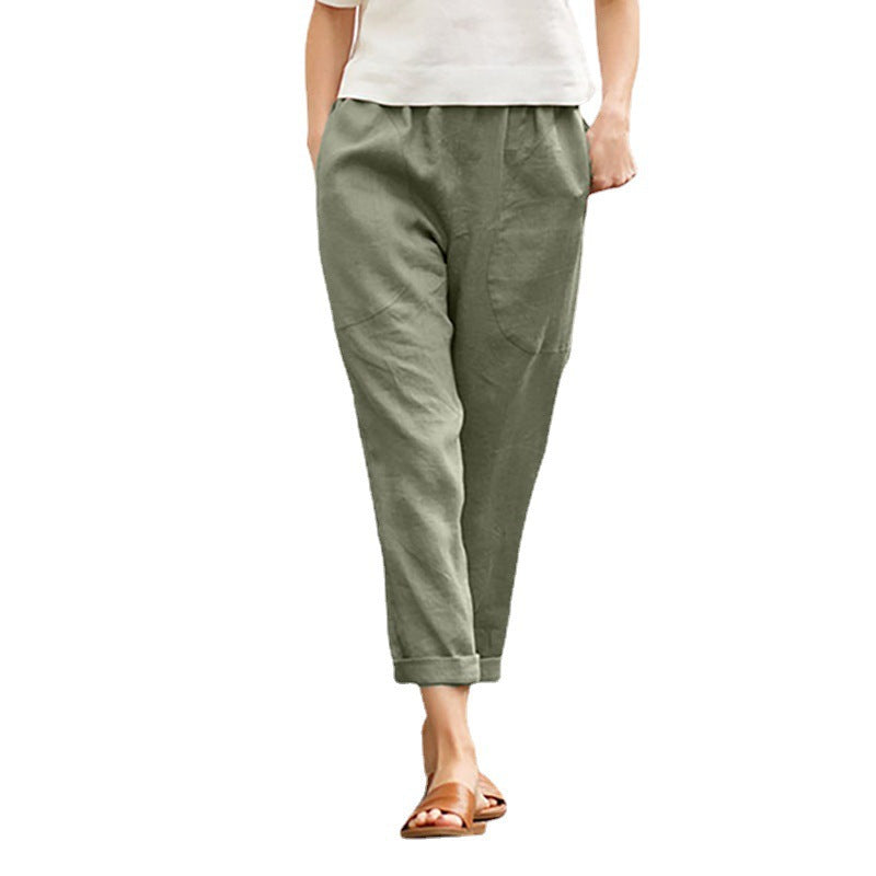 Women's lightweight linen-cotton pants with elastic waistband, patch pockets, and tapered fit Mune Fashion