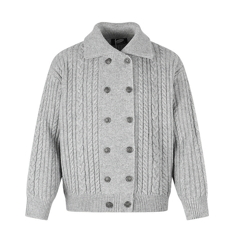 Women's Double-Breasted Cable Knit Cardigan with Shirt Collar and Ribbed Cuffs Mune Fashion