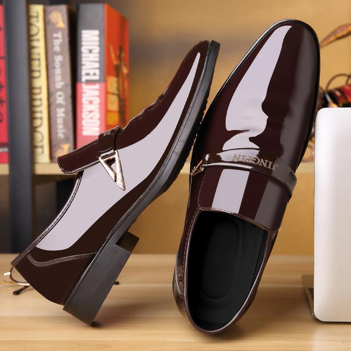 Men's patent loafers with decorative metal accent buckle and sleek elegance Mune Fashion