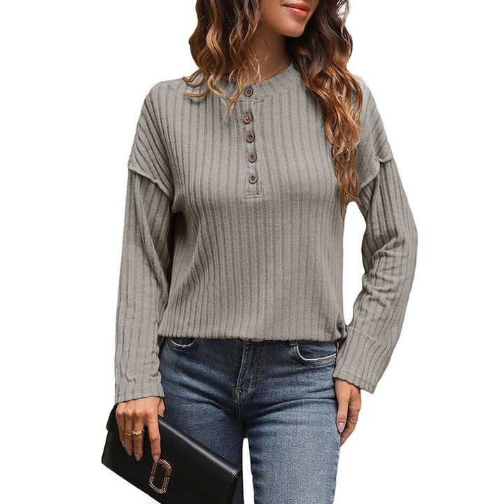 Women Ribbed Henley Sweater with Button Placket and Dropped Shoulder Mune Fashion