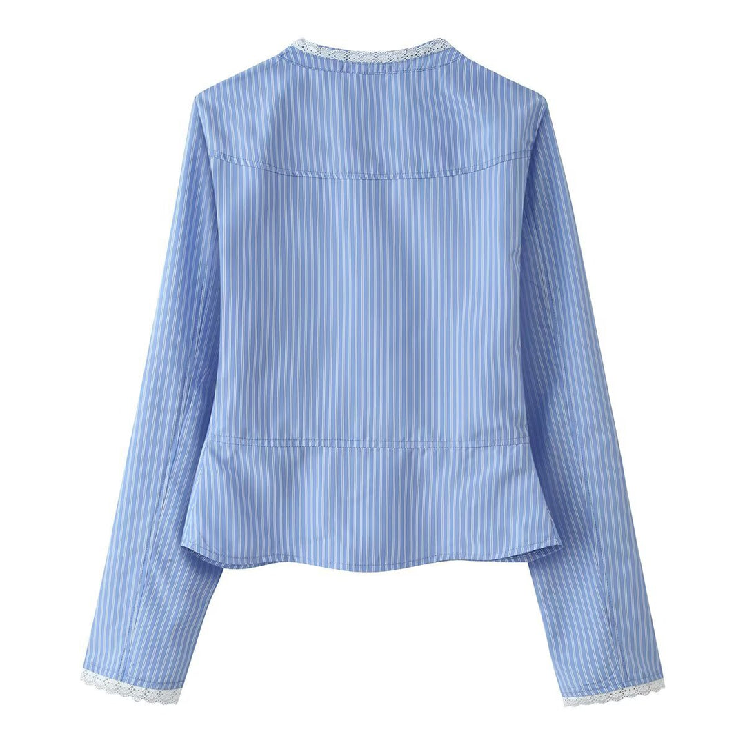 Women's Cropped Blouse Jacket with Double-breasted Button Placket and Lace Trimmings Drune