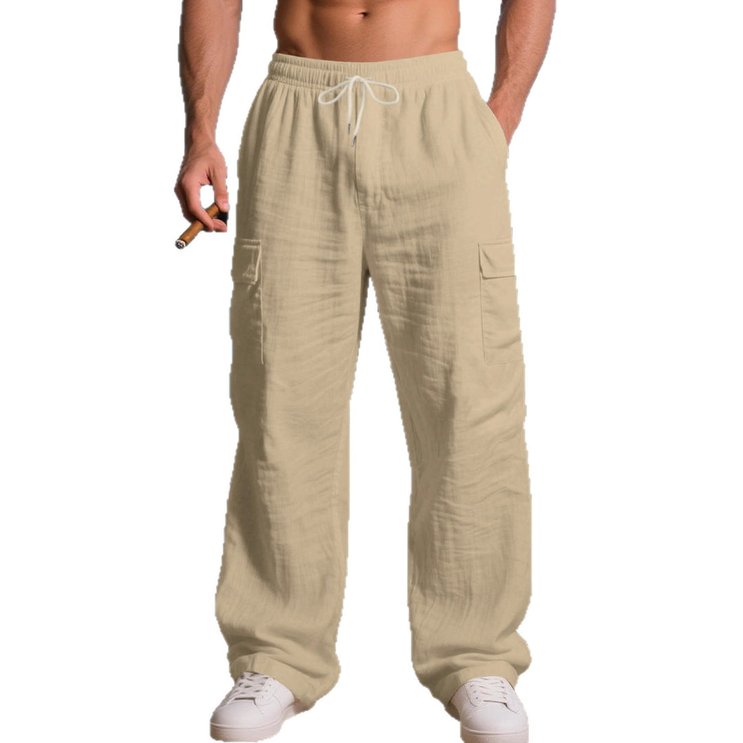 Men's Loose Linen Cargo Casual Pants with Drawstring Waist and Side Patch Pockets Mune Fashion