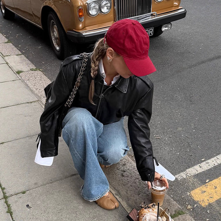 Women's Short Blouson in Layering Look made of Faux Leather with Oversized Shirt Sleeve Detail Mune Fashion