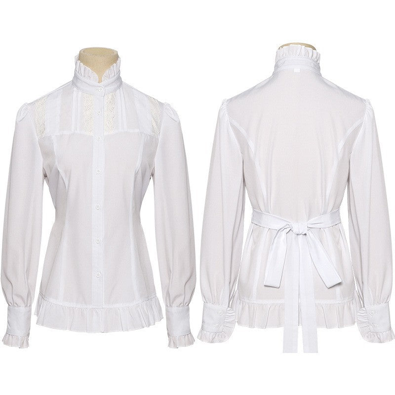 Women's nan Victorian lace blouse with ruffled jabot, tailored cut, and double-layered bell sleeves Mune Fashion