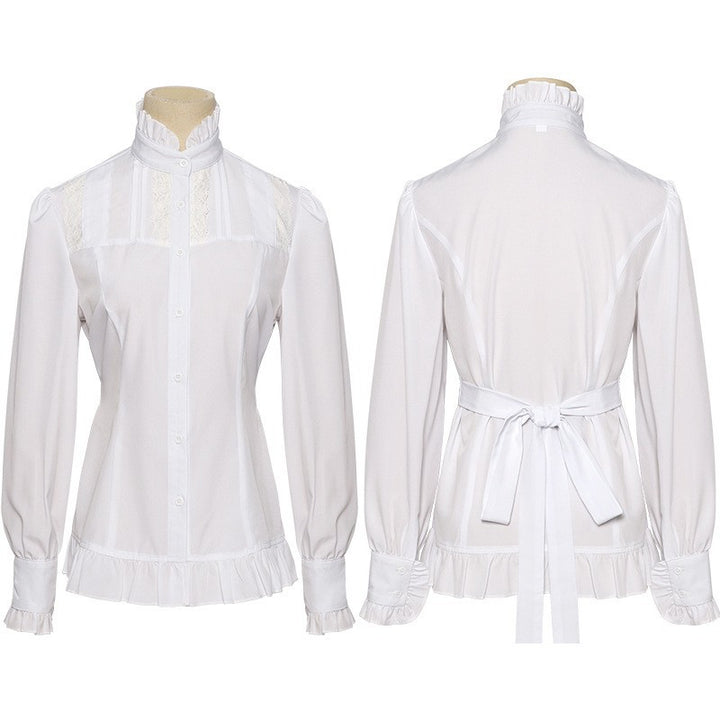 Women's nan Victorian lace blouse with ruffled jabot, tailored cut, and double-layered bell sleeves Mune Fashion