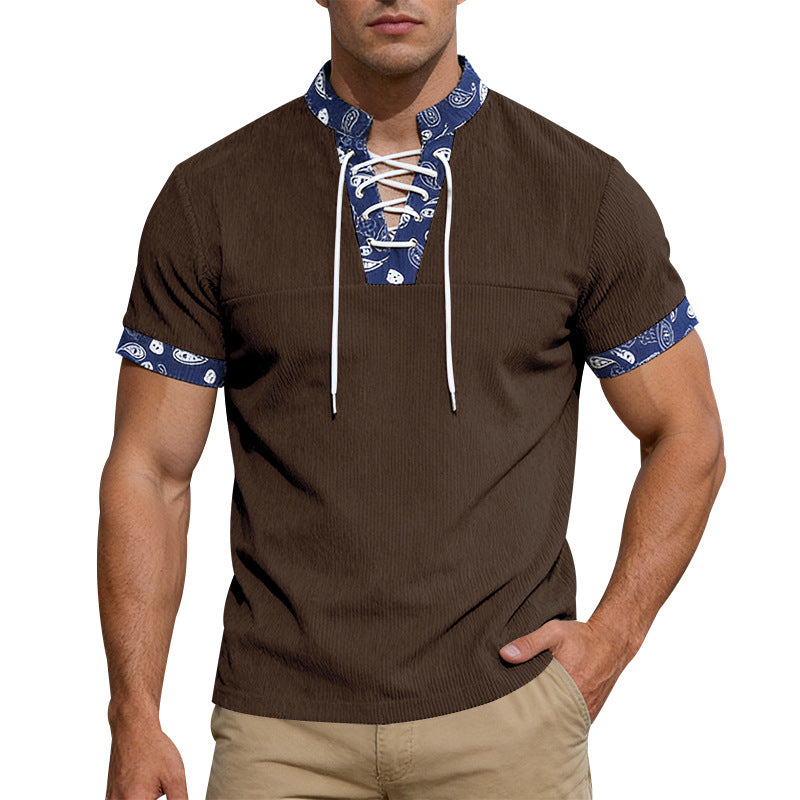 Men's short sleeve laced shirt with bandana trim and structured jersey quality Mune Fashion