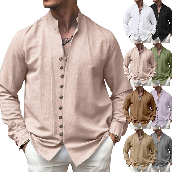 Men's elegant long-sleeve linen shirt with stand-up collar, asymmetrical button placket, and slim fit Mune Fashion