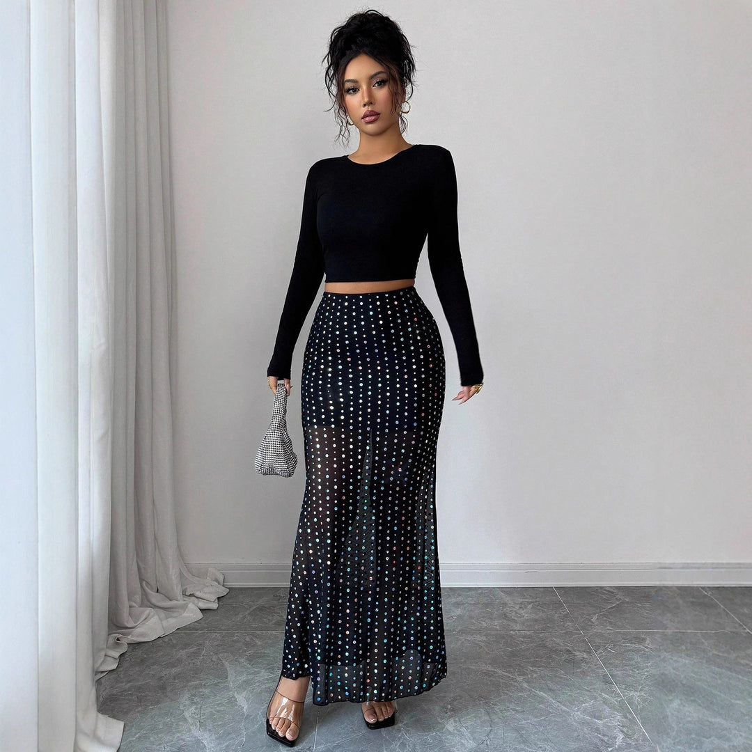 Women's figure-hugging maxi skirt with holographic sequins, high waist and semi-transparent net trim Mune Fashion
