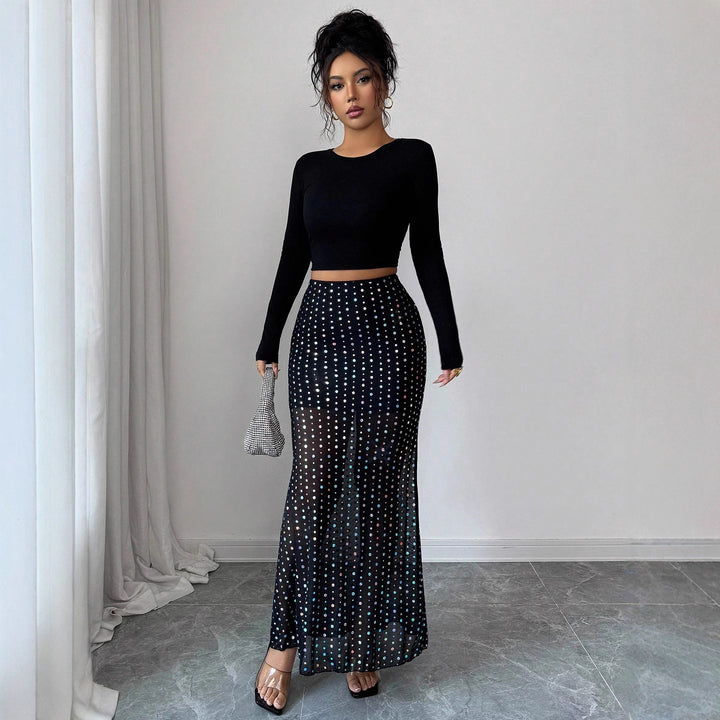 Women's figure-hugging maxi skirt with holographic sequins, high waist and semi-transparent net trim Mune Fashion