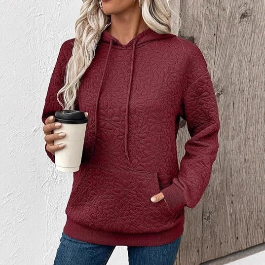 Women's Quilted Hooded Sweatshirt with Floral Quilted Pattern and Kangaroo Pocket Mune Fashion