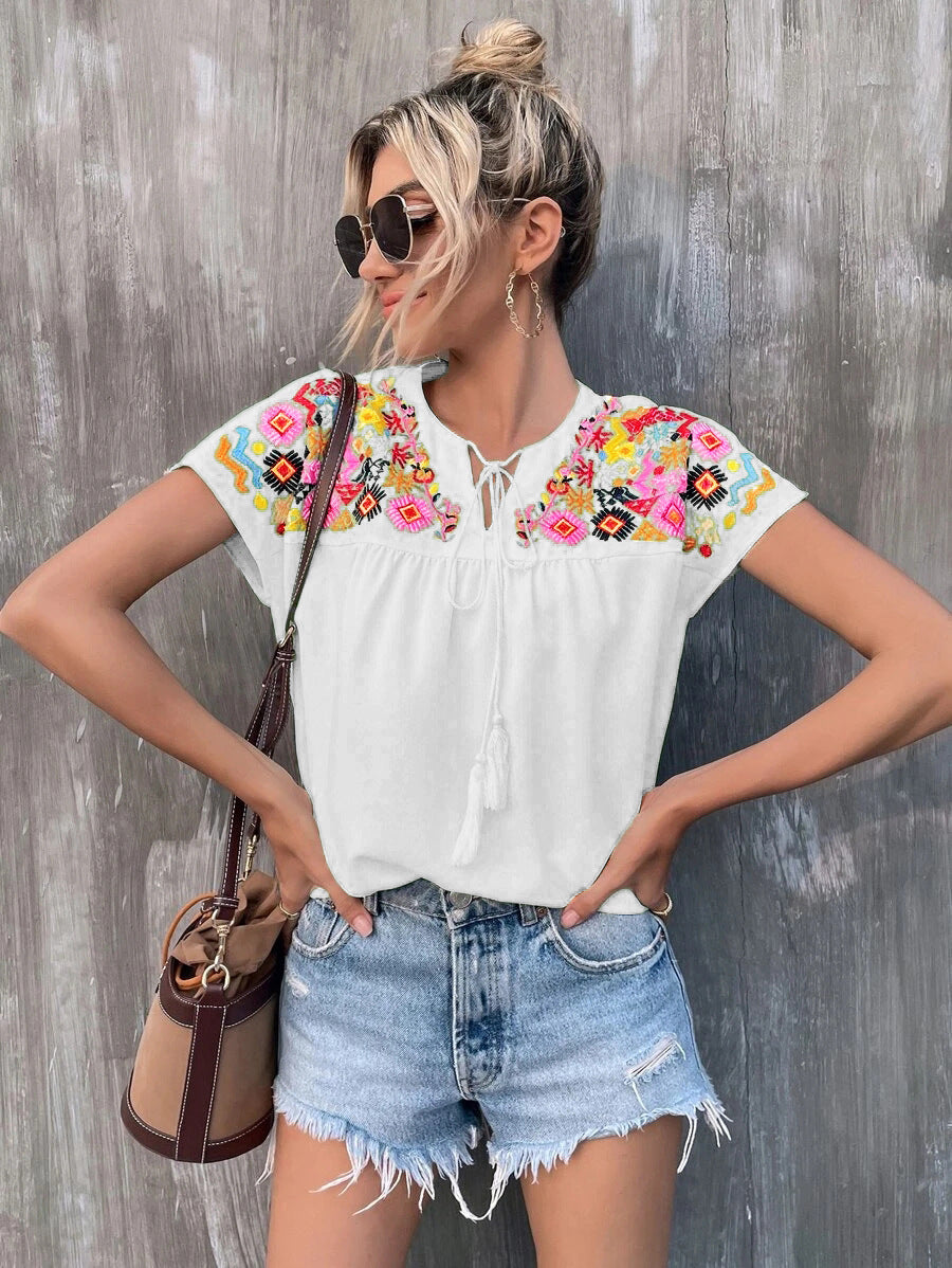 Women's Embroidered Short Sleeve Tunic with Tassels, Gathered Bust Panel and Folkloric Motifs Mune Fashion