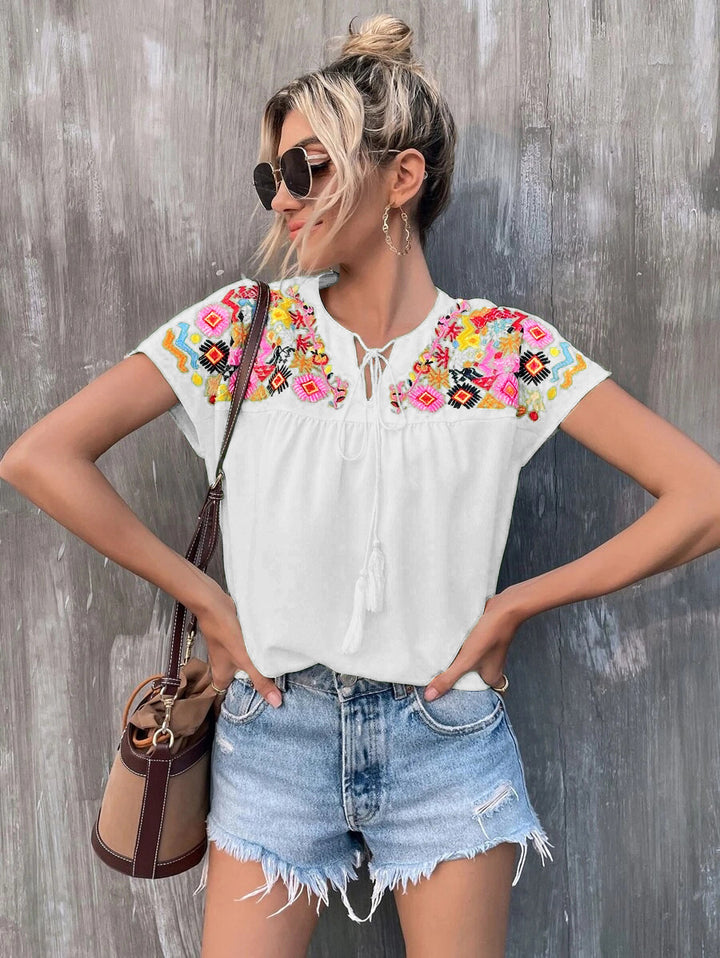 Women's Embroidered Short Sleeve Tunic with Tassels, Gathered Bust Panel and Folkloric Motifs Mune Fashion