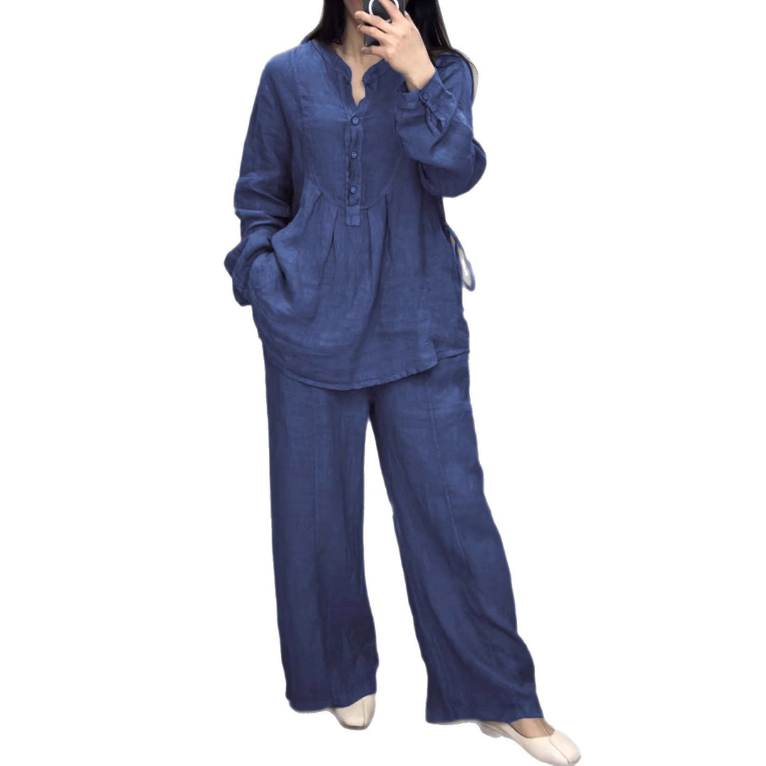 Ladies casual linen set tunic with wide leg, button placket and side pockets Mune Fashion