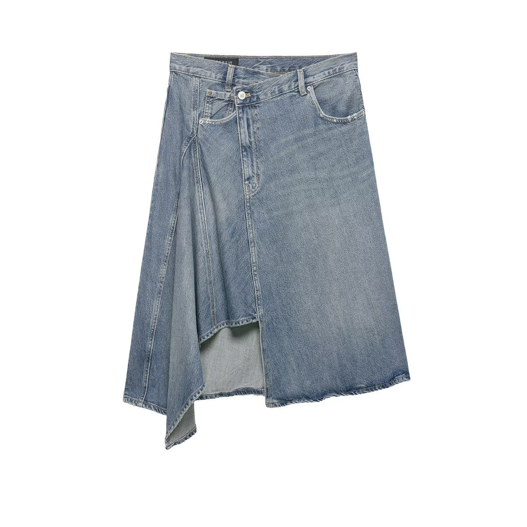 Women's Asymmetrical Denim Wrap Skirt with Inserts and Pockets Mune Fashion