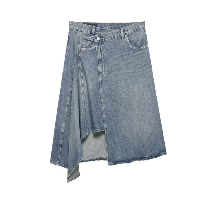Women's Asymmetrical Denim Wrap Skirt with Inserts and Pockets Mune Fashion