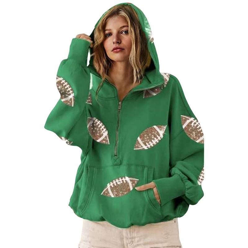 Women's Oversized Hoodie with Half Zipper and Sequin Football Application Mune Fashion