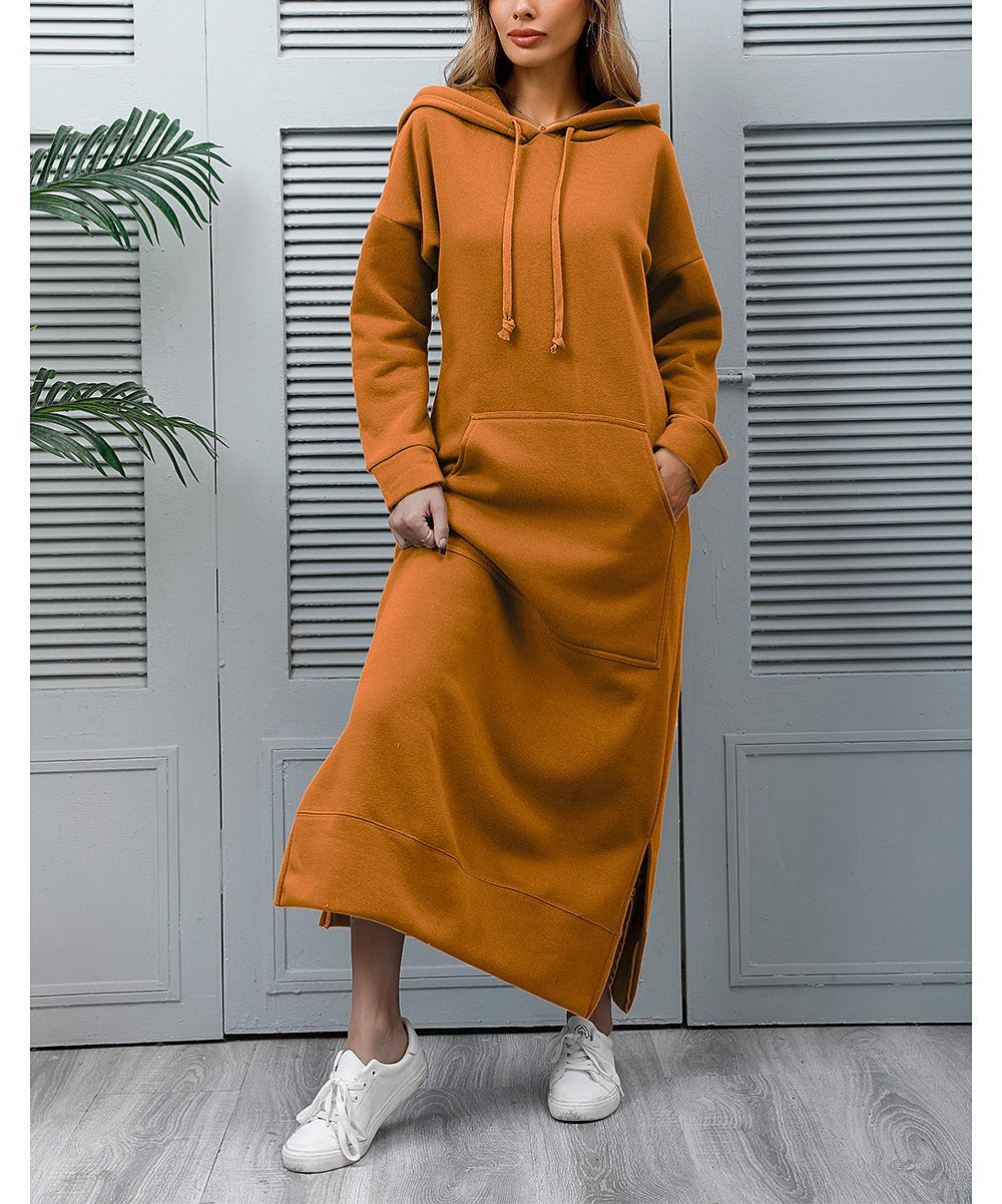 Women's long hooded sweat dress with kangaroo pocket, side slits and loose oversized fit Mune Fashion