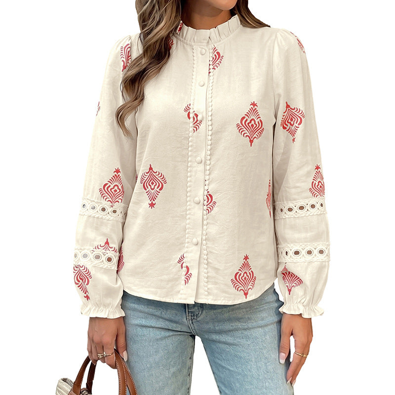 Women Patterned Blouse with Stand Collar, Decorative Button Placket and Crochet Trim on Sleeves Mune Fashion