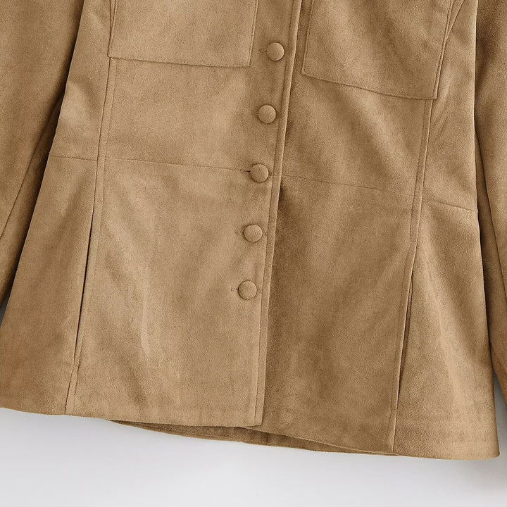 Women Tailored Military-inspired Jacket made of Suede Look with Stand-up Collar and Flap Chest Pockets Mune Fashion
