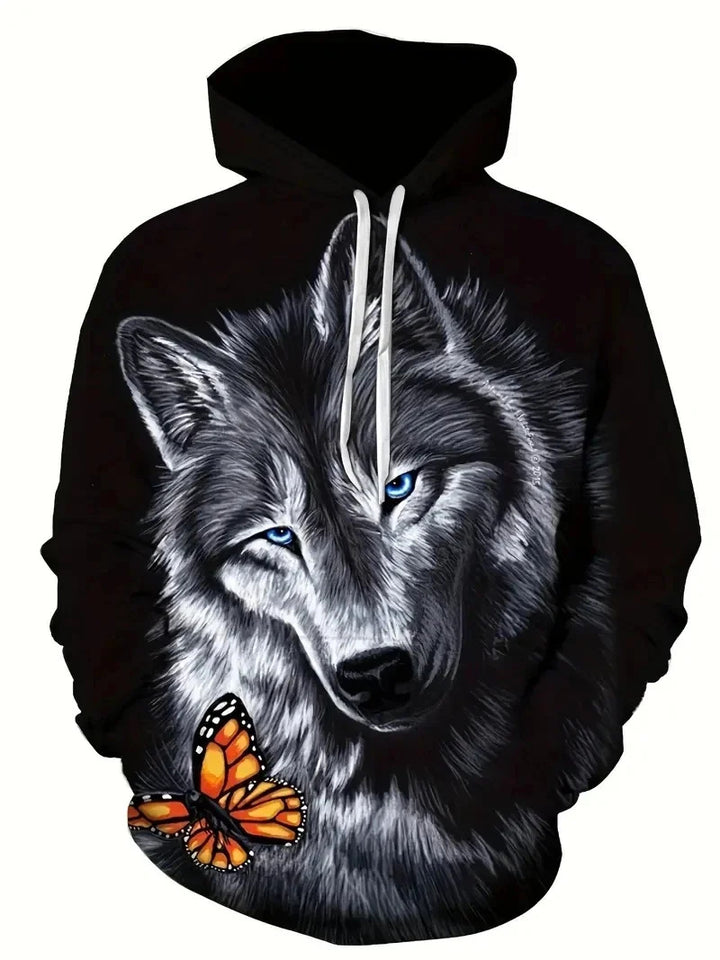 Women's Hoodie with Wolf and Butterfly Motif Mune Fashion