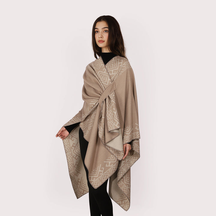 Women's cape poncho with knot closure, double-layer jacquard and soft wool blend Mune Fashion