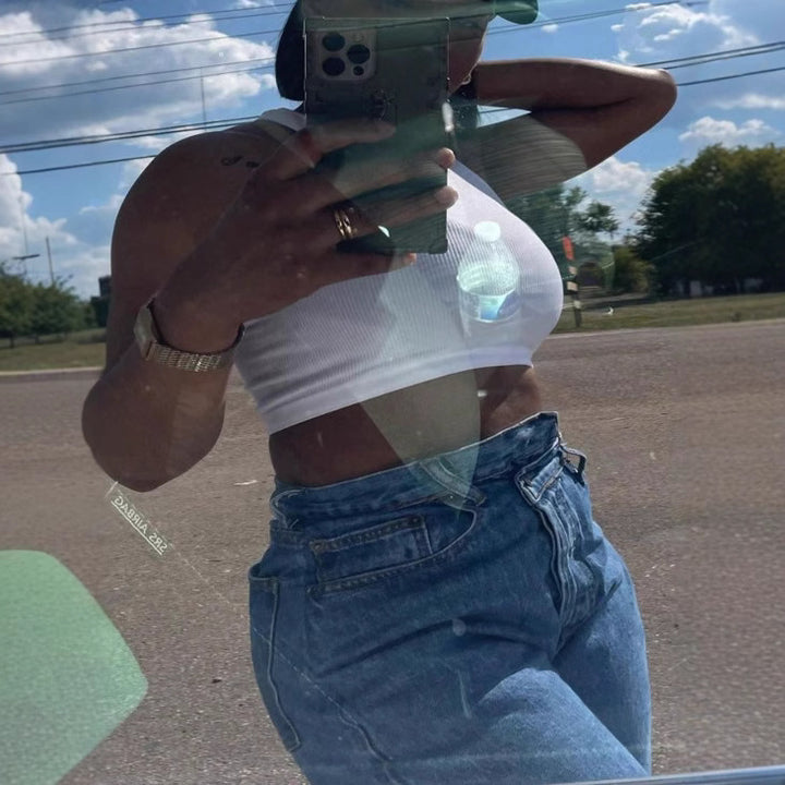Ladies High-Waisted Cropped Mom Jeans with Asymmetrical Waist and Straight Leg Mune Fashion