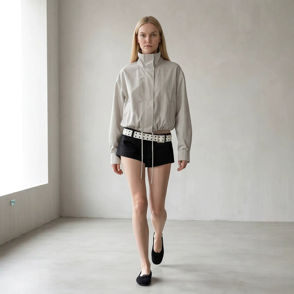 Women’s short cut lightweight transitional jacket with stand-up collar and elastic hem Mune Fashion